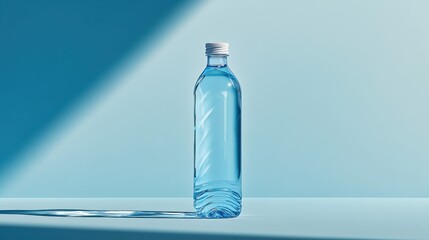 A sleek, translucent plastic bottle, crafted from crystal-clear blue plastic against a light blue backdrop, exuded an air of modern minimalism.