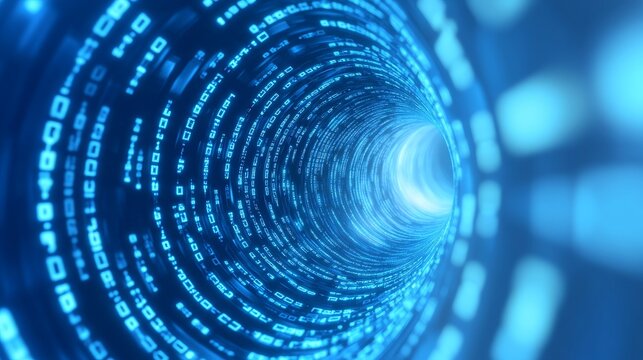A swirling blue tunnel of binary code representing data flow and digital technology.