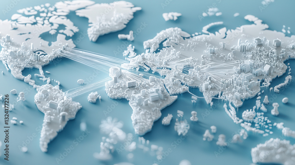 Poster clean and modern visual of global data network showcasing connections across continents, emphasizing