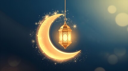 Ramadan 2025 crescent moon with glowing lantern, night sky, stars, Islamic festive theme, spiritual ambiance, peaceful Ramadan background, mystical light.