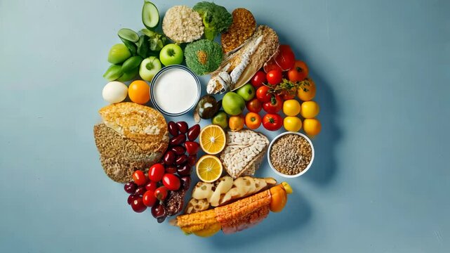 Discover a vibrant collection of seasonal fruits, vegetables, bread, and fish arranged artfully on a blue backdrop