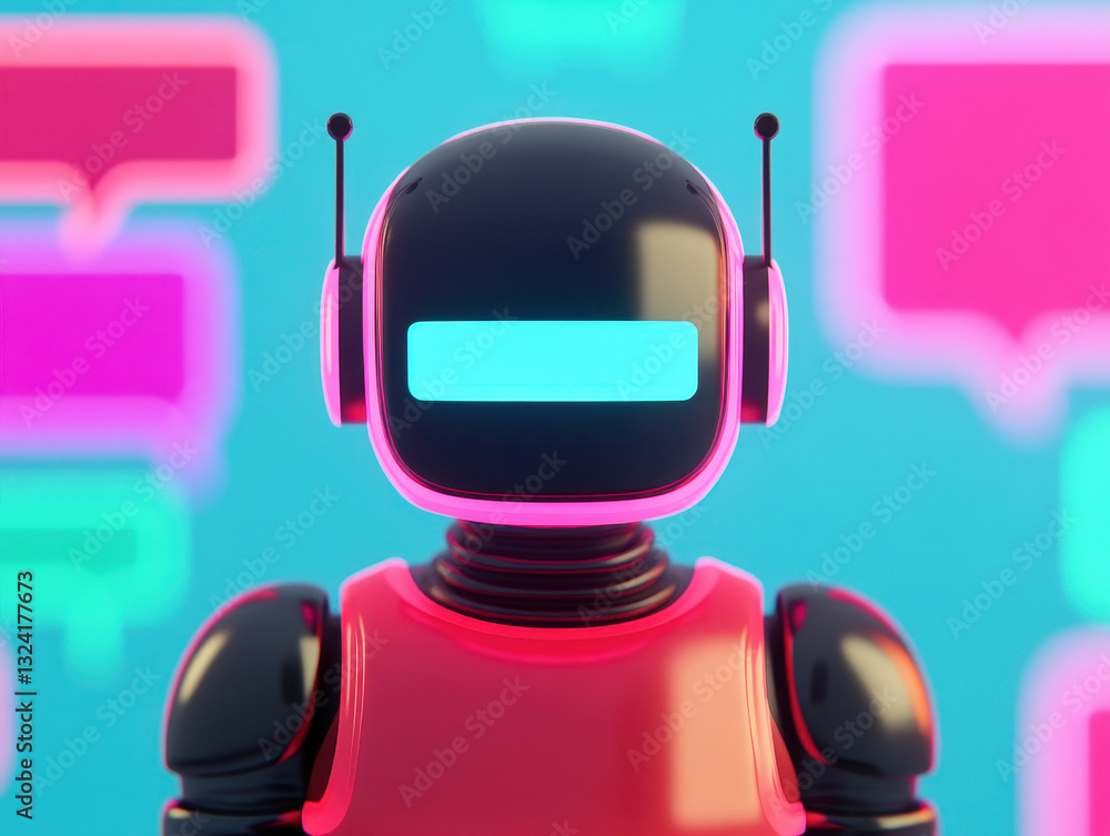 Poster futuristic robot with glowing face and antennas, set against colorful background with speech bubbles