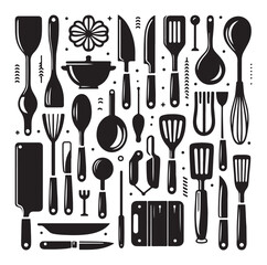 kitchen utensils set icon black silhouette vector on white background.
