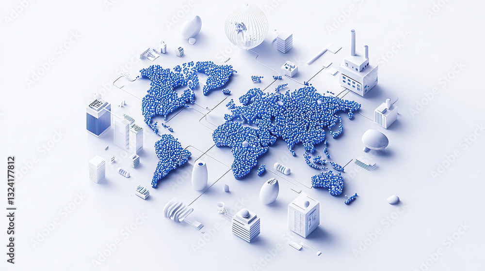 Poster clean and modern visual of global data network with blue dots representing connections across world 