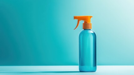 A vibrant blue spray bottle with an eye-catching orange cap stood proudly against a serene light blue backdrop, ready to unleash its invigorating mist onto the world.