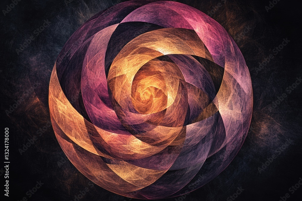 Poster abstract swirling fractal art in deep purple, maroon, and gold tones, creating a mesmerizing circula
