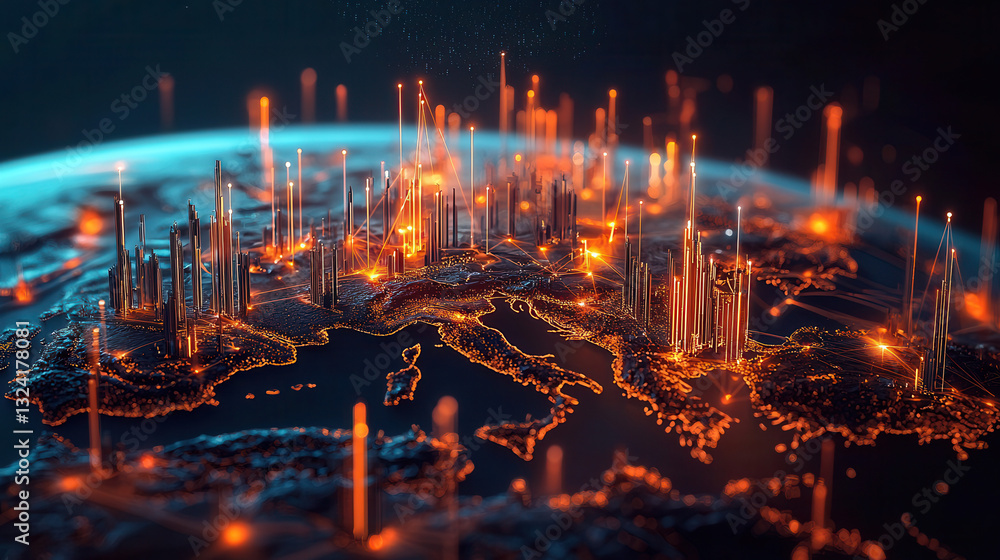 Aufkleber clean and modern visual of global data network showcasing illuminated connections across europe, sym