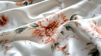 Floral pattern on silky fabric with pink peonies and green leaves