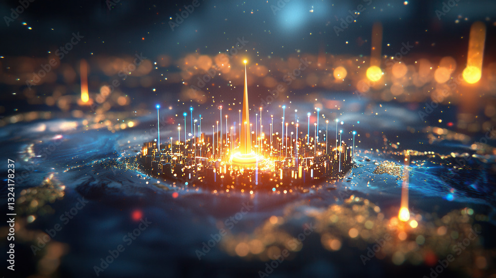 Poster vibrant and modern visualization of global data network, showcasing illuminated city structures and 