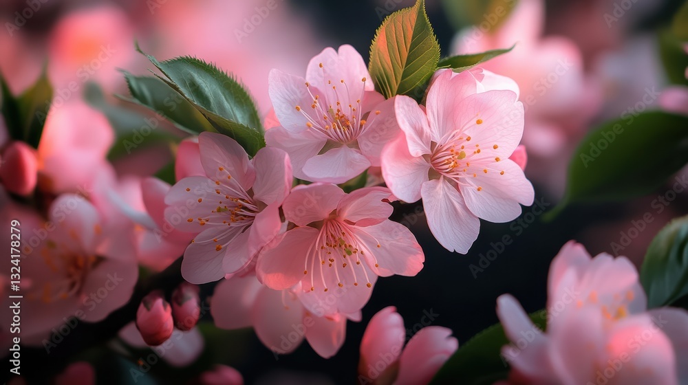 Poster capturing the essence of spring with stunning pink cherry blossoms in full bloom against a softly bl