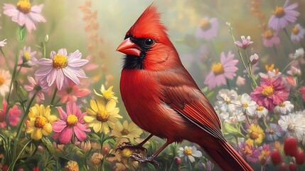 A Red Cardinal Perched Amidst Colorful Springtime Wildflowers