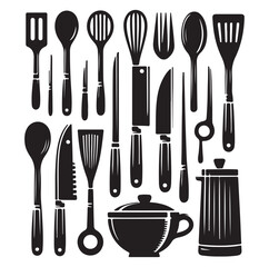 kitchen utensils set icon black silhouette vector on white background.