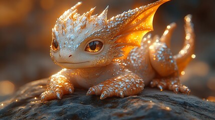 Obraz premium Baby dragon in golden and silver tones surrounded by mystical glow