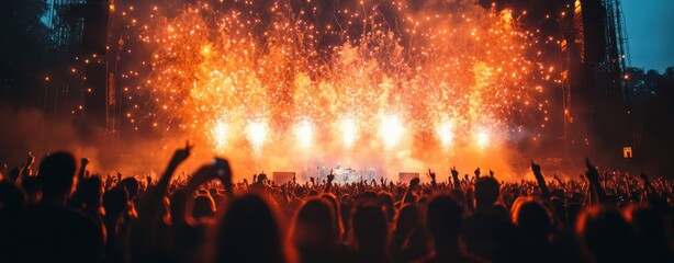 Vibrant concert scene with fireworks lighting up the night sky and excited crowd.