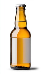A bottle of beer with a white label.