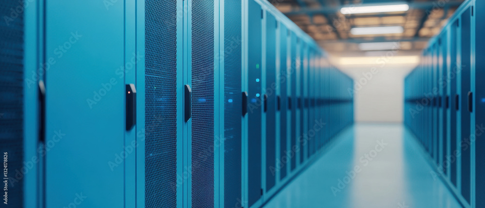 Poster row of vibrant blue server modules in data center, showcasing modern technology and organization. at