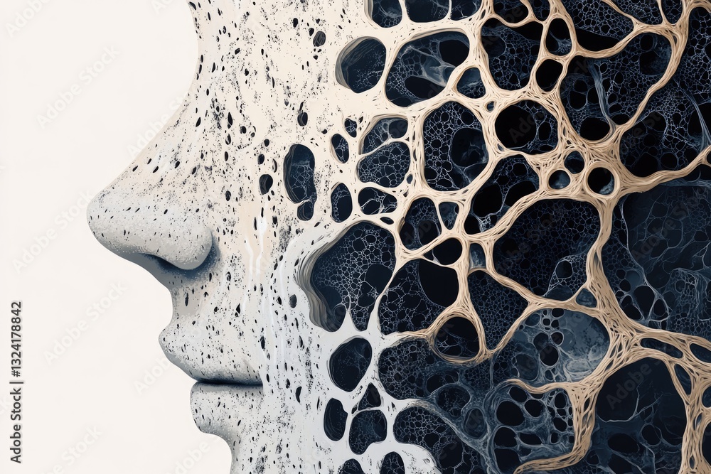 Poster abstract artwork depicting a face intertwined with a complex, organic, network structure resembling 