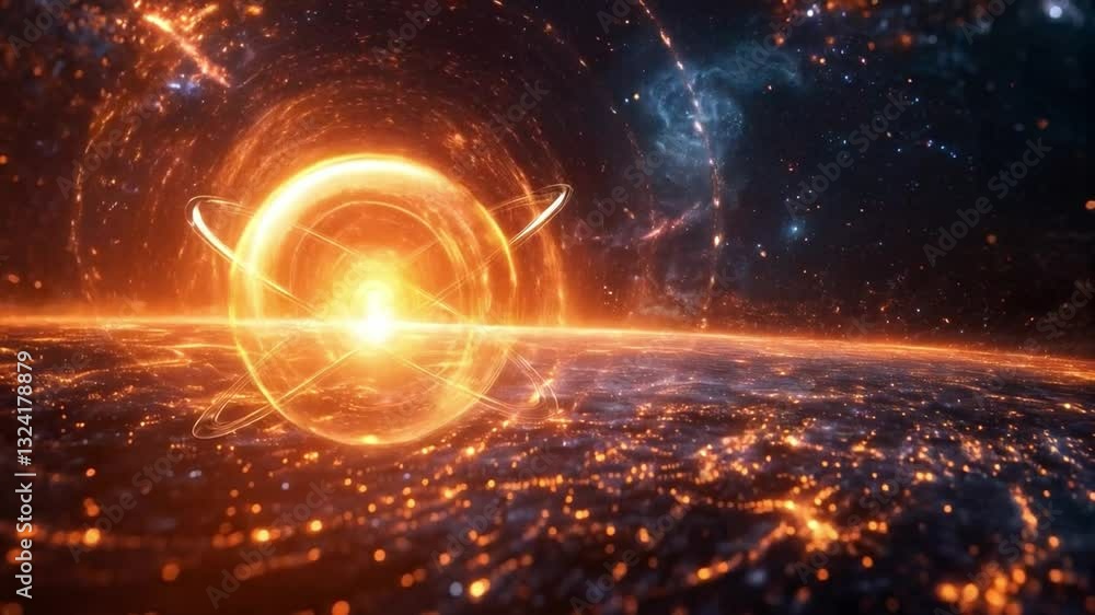 Poster A visual concept of quantum mechanics featuring a glowing orb for quantum states, entangled particles, and superposition against a cosmic backdrop, merging science with imagination.