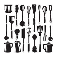 kitchen utensils set icon black silhouette vector on white background.