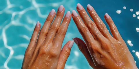 Wet female hands with light pink nails against sparkling blue water background
