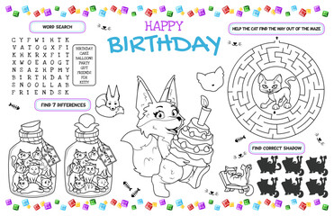 Festive placemat for children on foxes and cats theme. Print out the happy birthday sheet with a maze, and hidden objects and find the ones that are the same. 17x11 inch printable vector file