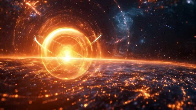 A visual concept of quantum mechanics featuring a glowing orb for quantum states, entangled particles, and superposition against a cosmic backdrop, merging science with imagination.
