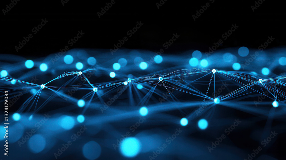 Poster clean and modern visual of global data network with glowing blue nodes, representing connectivity an