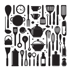 kitchen utensils set icon black silhouette vector on white background.