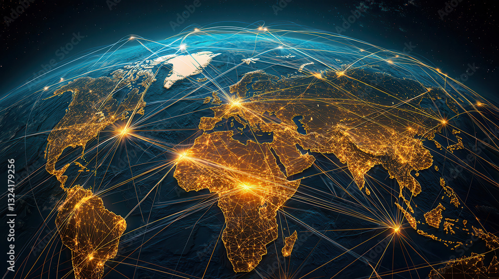 Poster clean and modern visual of global data network showcasing connections across continents, highlightin
