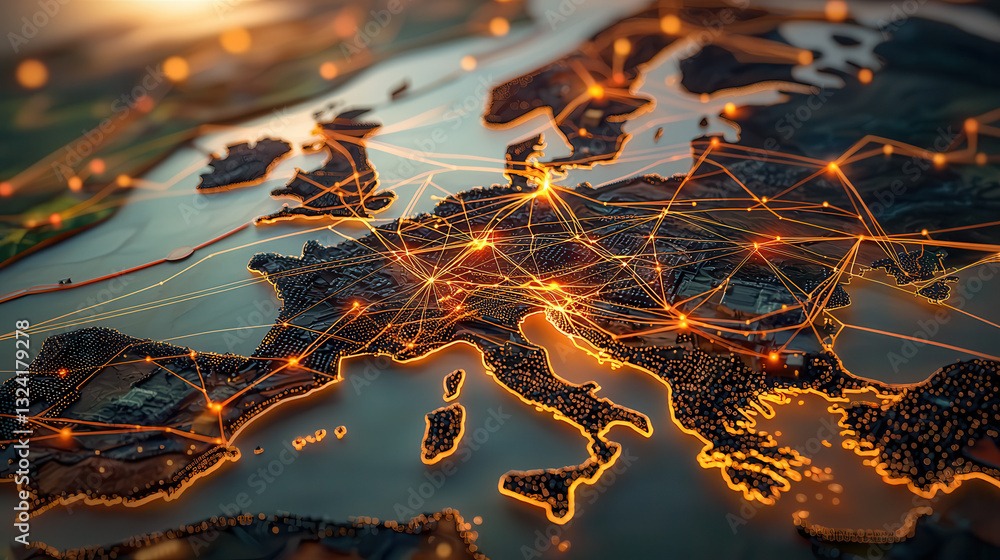 Poster modern visualization of global data network across europe, showcasing connections and data flow