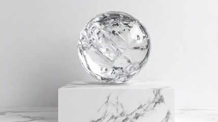 Clear Glass Sphere on White Marble Base