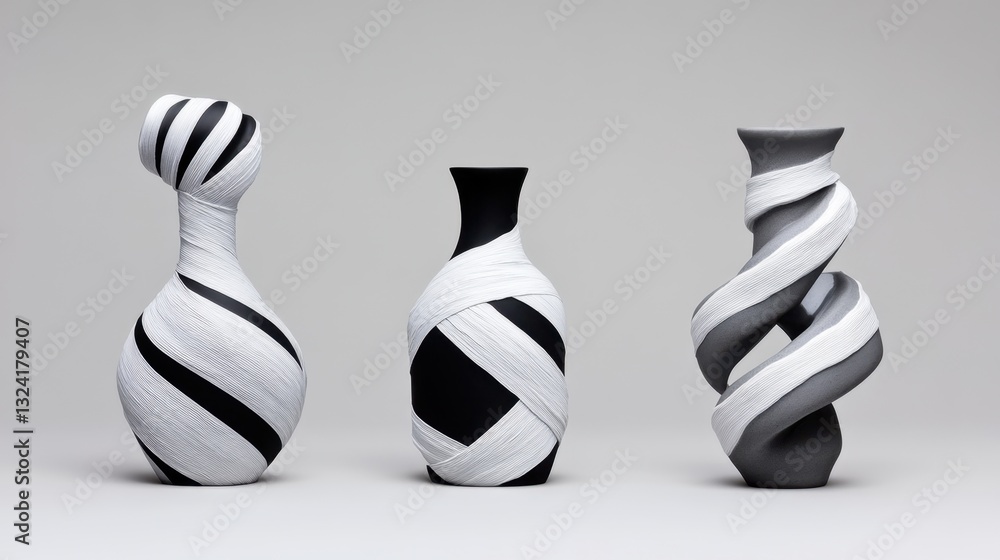 Poster sculptural bottles: bottles wrapped in grey masking tape, placed in various dynamic poses to form an