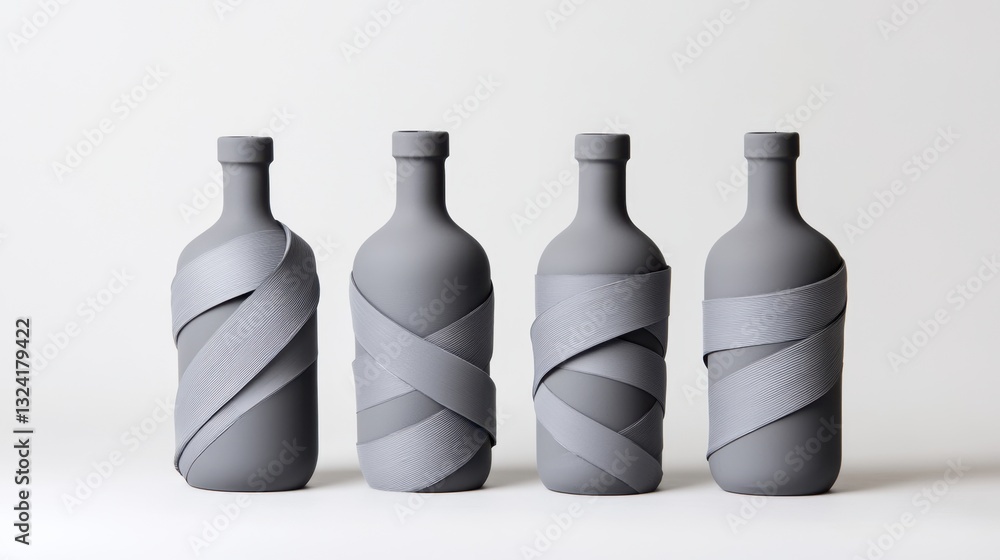 Poster sculptural bottles: bottles wrapped in grey masking tape, placed in various dynamic poses to form an