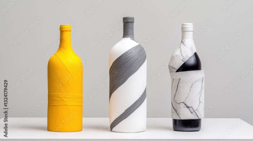 Poster sculptural bottles: bottles wrapped in grey masking tape, placed in various dynamic poses to form an