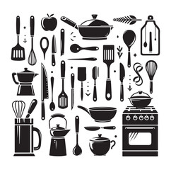 kitchen utensils set icon black silhouette vector on white background.