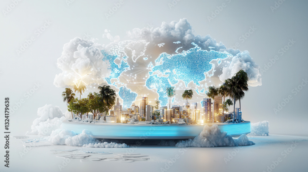 Poster modern and clean visual of global data network with cityscape, trees, and clouds