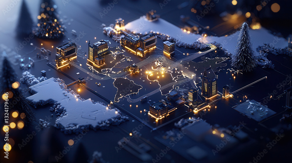 Poster clean and modern visual of global data network with illuminated buildings and snowy landscape, showc
