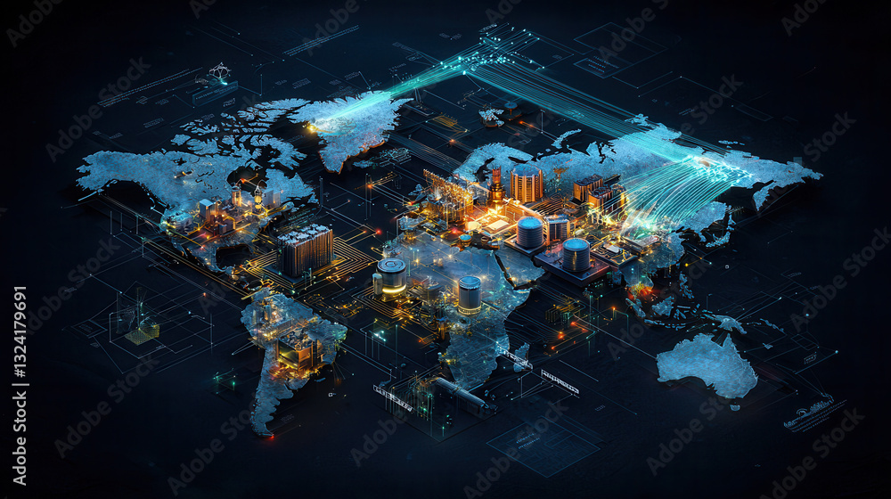 Poster clean and modern visual of global data network showcasing interconnected cities and industries. vibr