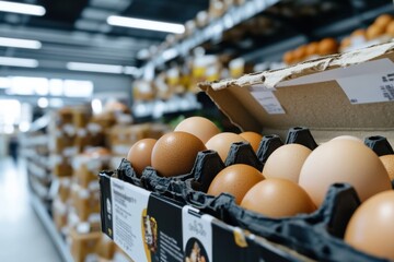A close-up image of a carton filled with fresh brown eggs, set against a vibrant market backdrop to highlight the appeal of farm-fresh products.