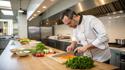 A chef skillfully prepares vegetables in a modern kitchen, showcasing culinary expertise and passion for cooking.