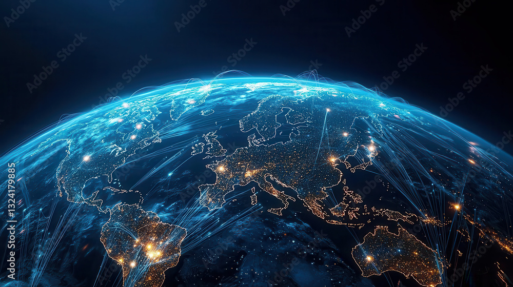 Poster clean and modern visual of global data network showcasing illuminated cities and connections across 