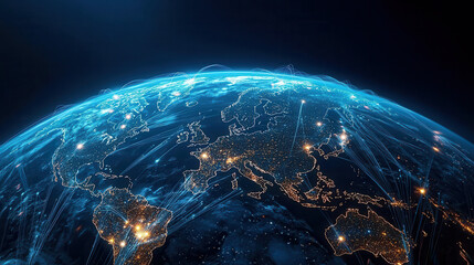 clean and modern visual of global data network showcasing illuminated cities and connections across Europe