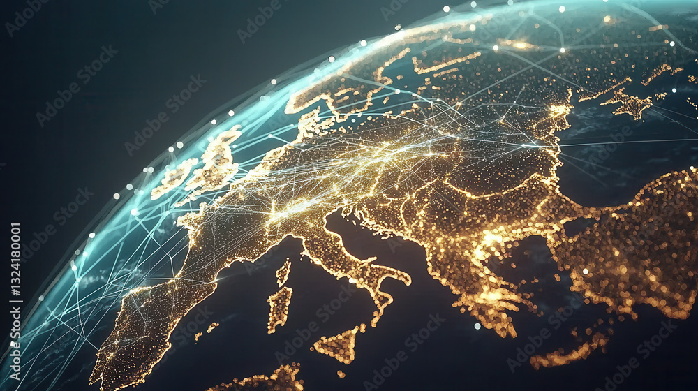 Aufkleber clean and modern visual of global data network showcasing europe, illuminated by bright connections 
