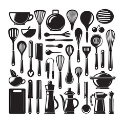 kitchen utensils set icon black silhouette vector on white background.