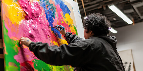 Person Painting Abstract Artwork with Thick Paint Application