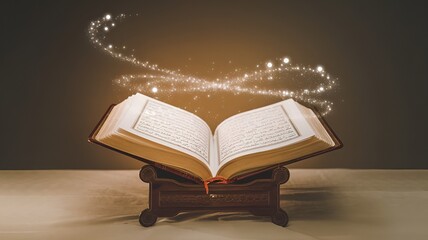 Ramadan 2025 open Quran on rehal, mystical glow, spiritual enlightenment, dark background, Islamic faith, holy month reflection, devotion, wisdom
