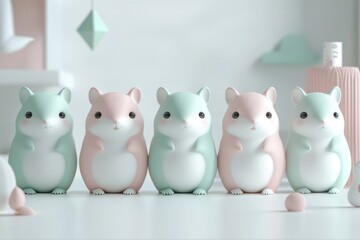 Adorable pastel-colored hamster figurines arranged in a row on a white surface.