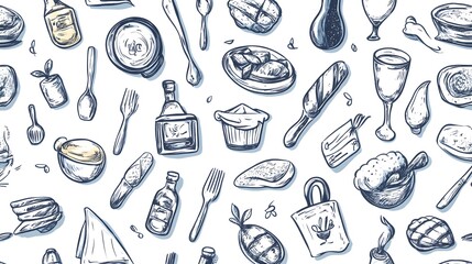Professional Seamless Doodle Sketch Pattern of Restaurant Symbols for Various Uses