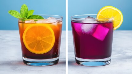 Fototapeta premium Two glasses of drinks with ice cubes and lemon slices. One is a purple drink and the other is orange