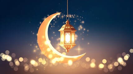 Ramadan 2025 crescent moon with glowing lantern, night sky, stars, Islamic festive theme, spiritual ambiance, peaceful Ramadan background, mystical light.